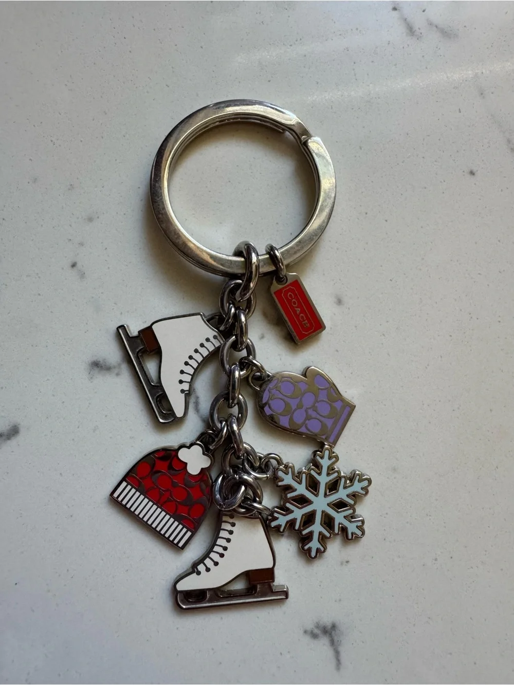 Coach Silver-Tone Winter Charm Keychain with Red, Purple & White Accents